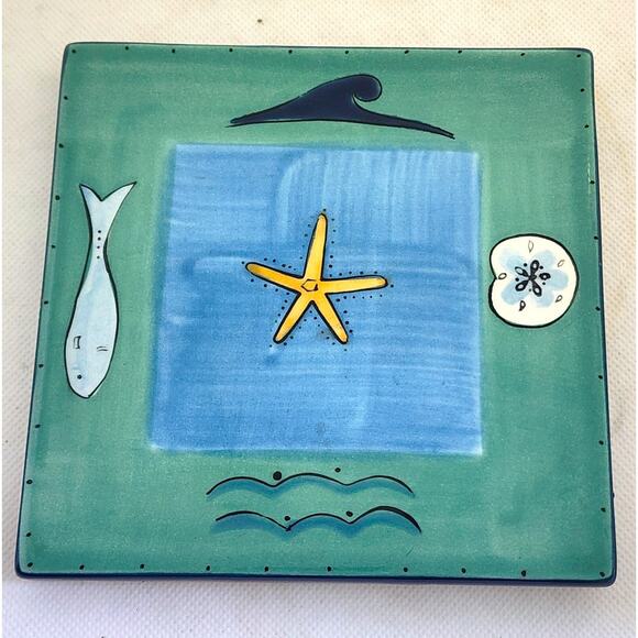 TRIVET/HOT PLATE-Decorative Tile-Hand Painted-Green Blue-Ocean-Tropical-Fish - Picture 1 of 6